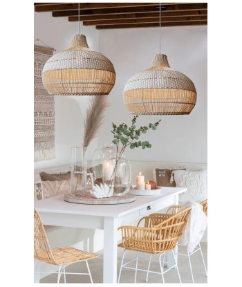 Suspension rotin tressé cloche bohème beige et blanche Par le système avancé 