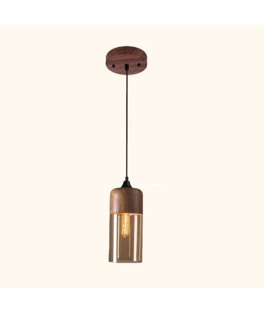 Suspension bois et verre fumé allongée bi-matière design vintage rembourrage situé sous